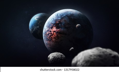 Earth and exploding star abstract collage. Satellite and asteroids on background. Elements of this image furnished by NASA.
