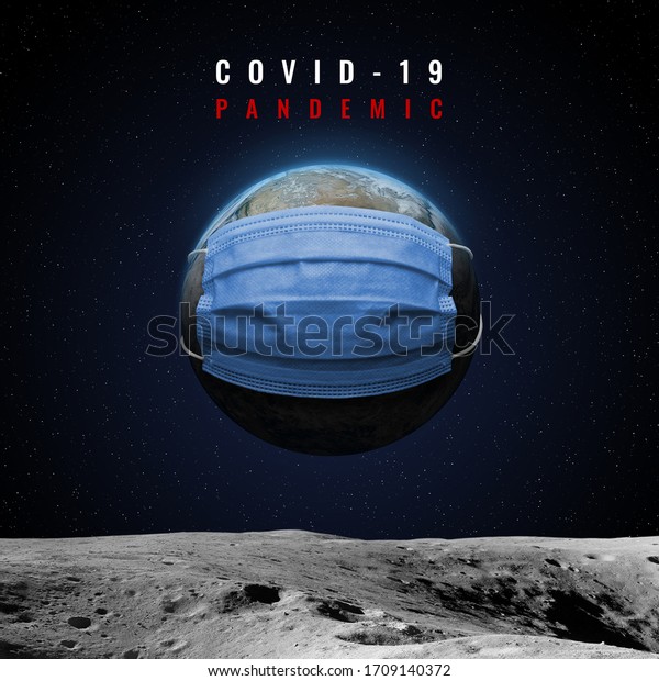Earth with face mask, view\
from the moon surface. Earth against virus concept. Coronavirus or\
Corona virus concept. Elements of this image are furnished by\
NASA