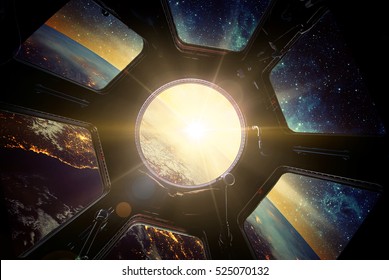 Earth And Galaxy In Spaceship Window Porthole. Elements Of This Image Furnished By NASA.