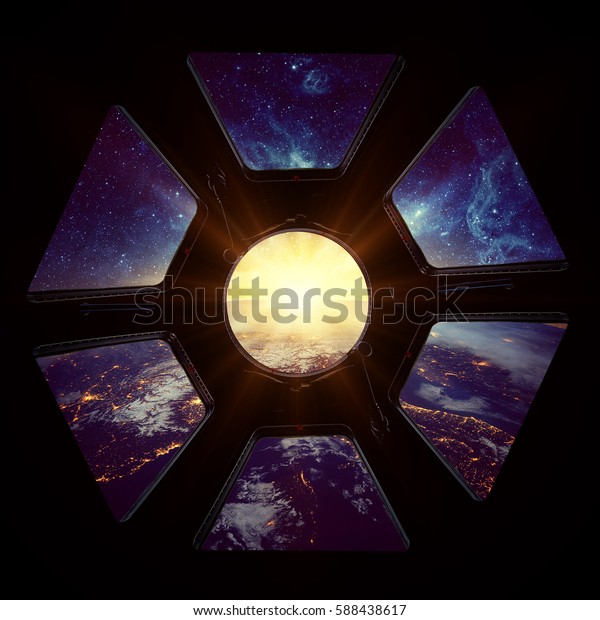 Earth and galaxy in spaceship window\
porthole. Elements of this image furnished by\
NASA