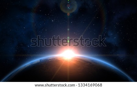 Earth, galaxy, and Sun. Sunrise, view of earth from space. Elements of this image furnished by NASA.