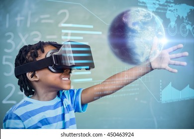 Earth Globe Against School Boy In Virtual Reality Glasses In Classroom