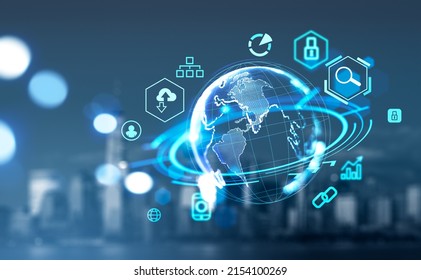 Earth globe with digital connection hologram, New York skyline on background. Metaverse and social marketing. Concept of global internet and worldwide network