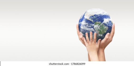 Earth Globe In Family Hands. World Environment Day Concept. Elements Of This Image Furnished By NASA