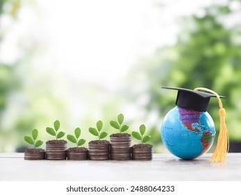 Earth globe with graduation hat and plants growing up on stack of coins. The concept of saving money for education, student loan, scholarship, tuition fees in the future - Powered by Shutterstock