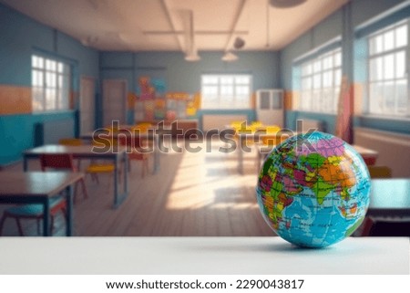 Earth globe model ball map with class room background on tablet in classroom. Concept for global international educaiton or communications, politics environmental for learning world wide. colorful 
