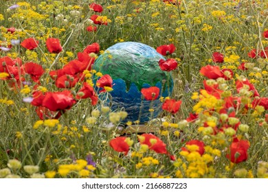 Earth globe on an open Christian Bible Book in a green field with colorful flowers on a sunny day in nature. World creation, clean planet, ecology concept.
