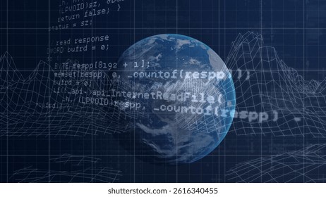 Earth globe spinning in digital 3D render, showing wireframe grid and code overlay for technology. Futuristic, technology, innovation, cyberspace, virtual reality, data visualization, digital