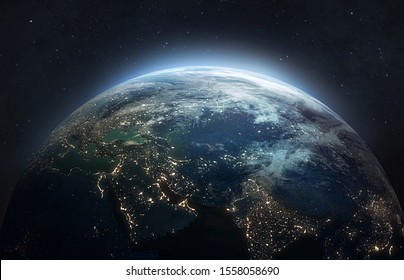 Earth at he night. Abstract wallpaper. City lights on planet. Civilization. Elements of this image furnished by NASA - Shutterstock ID 1558058690