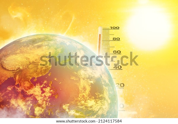 Earth, heat\
wave, Sun and high temperature environment with weather\
thermometer. Climate change, Hot climate, Extreme weather concept.\
Elements of this image furnished by\
NASA