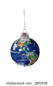 Earth Holiday Ornament On A Metal Hook Isolated Over White