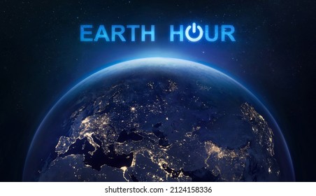 Earth Hour 2022 event. Planet Earth at night in outer space. Turn off your lights for save climate. Elements of this image furnished by NASA  - Shutterstock ID 2124158336