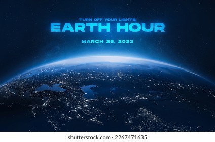 Earth hour 2023 event. Planet Earth surface in deep space. Turn off the lights. Save the environment. Elements of this image furnished by NASA - Shutterstock ID 2267471635