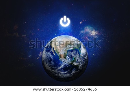 Earth Hour, Ecology and Environment Concept : Blue planet earth in the space with electric power button for Earth Hour Event. (Elements of this image furnished by NASA.)