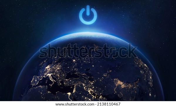 Earth hour. Turn off the light for save planet.\
Blackout. Earth sphere at night with cities lights. Elements of\
this image furnished by\
NASA