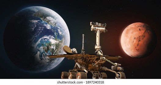 Earth And Mars Planet. Rover Perseverance. Space Mission To Red Planet. Exploration. Elements Of This Image Furnished By NASA.