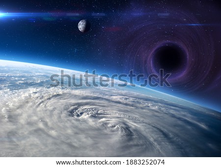 Earth, Moon and Black hole. Abstract space wallpaper. Storm, hurricane, typhoon - concept cataclysm in universe. Elements of this image furnished by NASA.