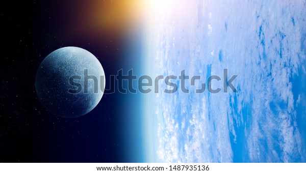 Earth and Moon in blue\
space