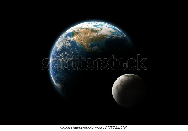 Earth and moon\
in the dark black space. Isolated on black background Elements of\
this image furnished by\
NASA