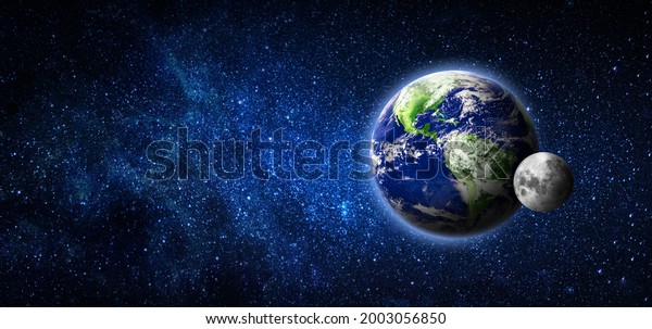 Earth and moon\
in dark space. blue planets with the moon as a satellite. Elements\
of this image furnished by\
NASA