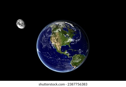 Earth and moon: Image of planet Earth as seen from space with the continent of North America in the center and the moon isolated in black space - Powered by Shutterstock