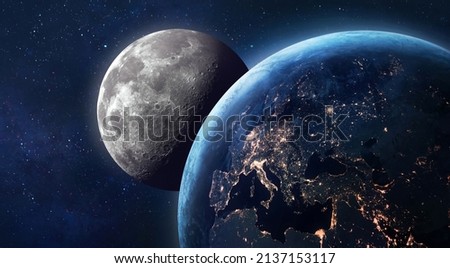 Earth and Moon in space. Earth at night. Moon surface with craters. Planetary Moon. Artemis space program. Elements of this image furnished by NASA