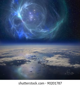 The Earth near a beautiful nebula in space. This is is a conceptual composite image.