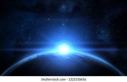 Earth, Nebula and Sun. Sunrise, view of earth from space in a blue toned. Elements of this image furnished by NASA. - Shutterstock ID 1323150656