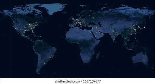 Earth at night, view of city lights showing human activity in North America, Europe and East Asia from space. World dark map on global satellite photo. Elements of this image furnished by NASA.