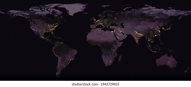 Earth Night View From Space With City Lights. Satellite Aerial View Of Earth Planet On Flat Representation. 