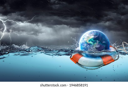 Earth On Lifebuoy In Stormy Ocean - 3d rendering with elements are furnished by NASA - Powered by Shutterstock