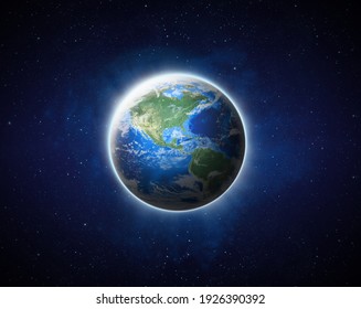 Earth On Space. Blue Planet Earth View From Outer Space Show North America, USA World Global, Universe, Star Field, Galaxy, Nebula, World Map, Ocean. Earth 3D Render Elements Image Furnished By NASA.