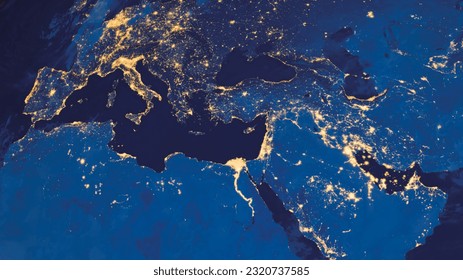 Earth photo at night background, World map. Satellite photo. City Lights of Europe, Middle East, Turkey, Italy, Black Sea, Mediterrenian Sea from space. Elements of this image furnished by NASA. - Powered by Shutterstock