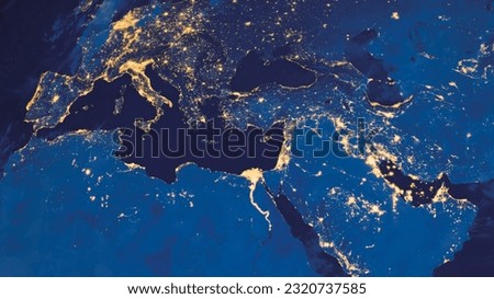 Earth photo at night background, World map. Satellite photo. City Lights of Europe, Middle East, Turkey, Italy, Black Sea, Mediterrenian Sea from space. Elements of this image furnished by NASA.