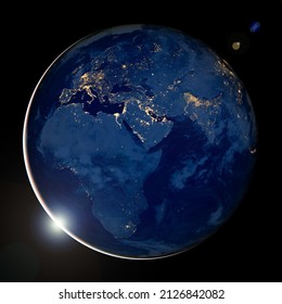 Earth photo at night with black background, City Lights of Africa, Europe, and the Middle East from space, World map on dark globe at sunrise, satellite photo. Elements of this image furnished by NASA