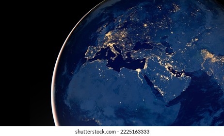 Earth photo at night, City Lights of Europe, Middle East, Turkey, Italy, Black Sea, Mediterrenian Sea from space, World map globe. Satellite HD photo. Elements of this image furnished by NASA. - Shutterstock ID 2225163333
