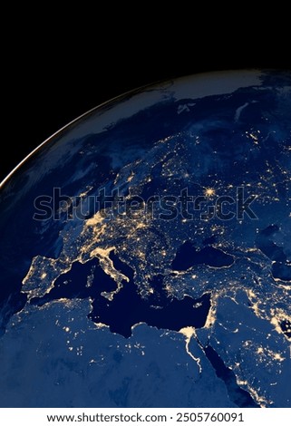 Earth photo at night, City Lights of Europe, Middle East, Turkey, Italy, Black Sea, Mediterrenian Sea from space, World map on dark globe on satellite photo. Elements of this image furnished by NASA.
