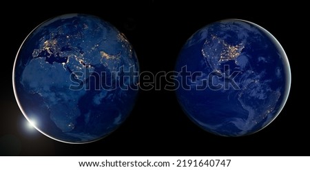 Earth photo at night on a black background. City Lights of America, Africa, Europe and Asia. World map on dark globe at sunrise on satellite photo. Elements of this image furnished by NASA.