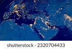 Earth photo at night, World map. Satellite photo. City Lights of Europe, Middle East, Turkey, Italy, Black Sea, Mediterrenian Sea from space. Elements of this image furnished by NASA.