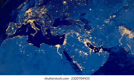 Earth photo at night, World map. Satellite photo. City Lights of Europe, Middle East, Turkey, Italy, Black Sea, Mediterrenian Sea from space. Elements of this image furnished by NASA. - Powered by Shutterstock