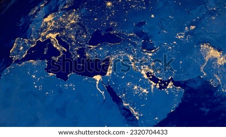 Earth photo at night, World map. Satellite photo. City Lights of Europe, Middle East, Turkey, Italy, Black Sea, Mediterrenian Sea from space. Elements of this image furnished by NASA.