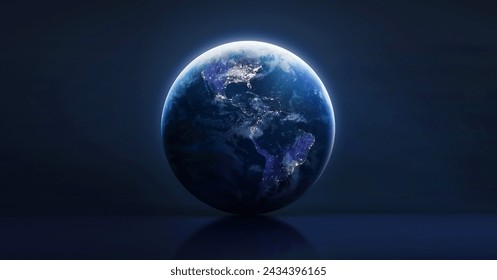 Earth planet globe on table. Earth sphere at night on dark background. Earth Hour concept. Elements of this image furnished by NASA