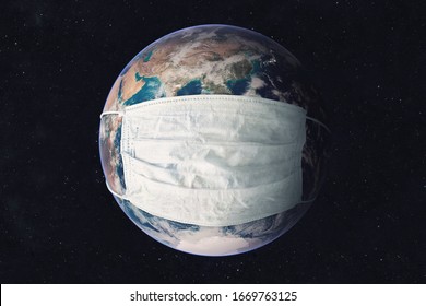 Earth Planet In Medicine Mask To Fight Against Corona Virus. Concept Of Fight Against Epidemic And Climate Change. Pollution Of The Planet By Exhaust Gases. Elements Of This Image Furnished By NASA