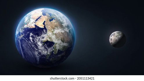 Earth planet and Moon satellite on dark background. Aspect ratio. Elements of solar system. Elements of this image furnished by NASA