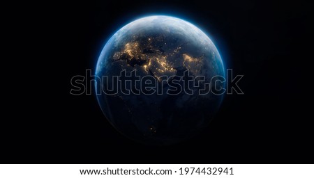 Earth planet in the night in outer space. City lights on planet. Earth globe isolated on black background. Solar system element. Elements of this image furnished by NASA