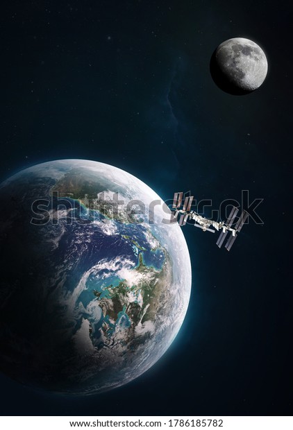 Earth planet and it satellite Moon on orbit. ISS\
station in outer space. Solar system exploration. Elements of this\
image furnished by NASA