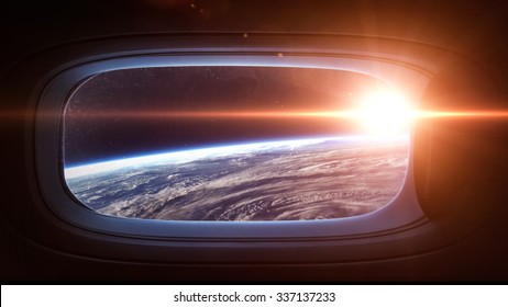 Earth Planet In Space Ship Window Porthole. Elements Of This Image Furnished By NASA.