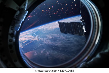 Earth Planet In Space Ship Window Porthole. Elements Of This Image Furnished By NASA