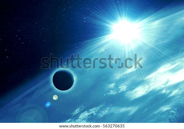 Earth planet in space with sun flash.\
Elements of this image are furnished by\
NASA