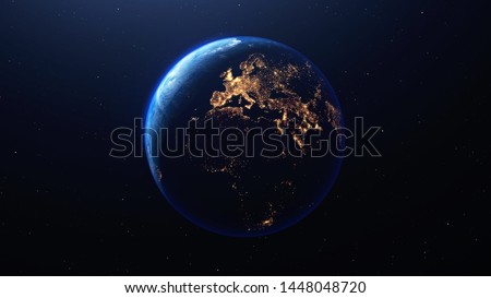 Earth planet viewed from space at night showing the lights of Europe  and other countries, 3d render of planet Earth, elements of this image provided by NASA